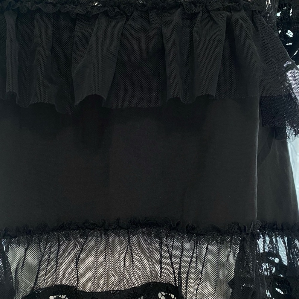 CINQ A SEPT BLACK SHEER LACE SILK MESH RUFFLE ROWS CREWNECK DELPHINE TOP BLOUSE - Picture 6 of 10